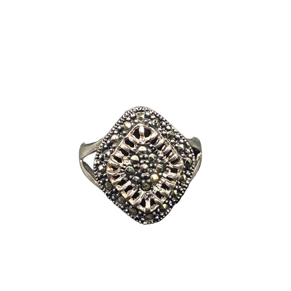Sterling Silver 925 Marcasite black spinel ring open work weave size 7